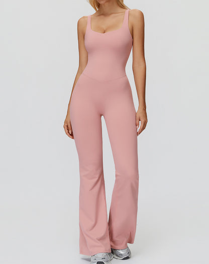 Cross Back One Piece Jumpsuit Yoga Flare Leg Rompers