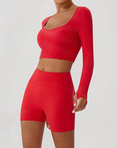 Solid Color Crop Top Yoga Long Sleeve V Neck T-Shirts