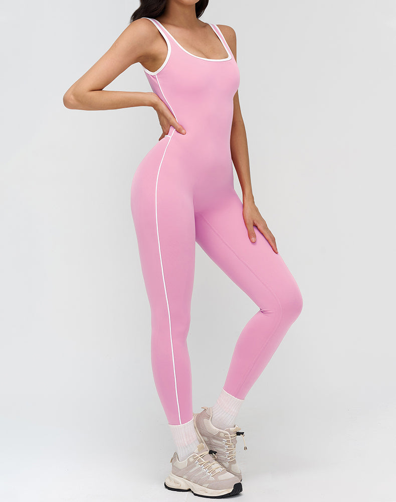 Backless One Piece Yoga Jumpsuit Contrast Trim Unitard