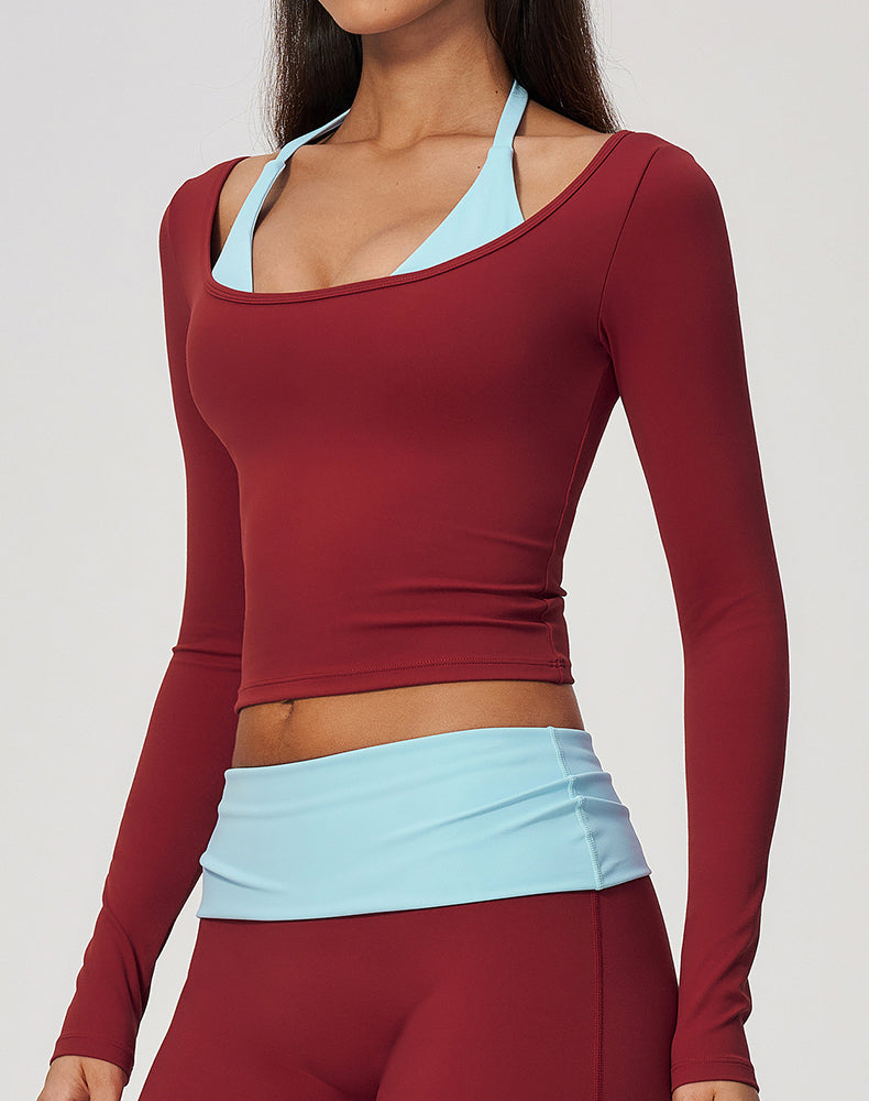 Faux Two Piece Color Block Long Sleeve Sports T-Shirts