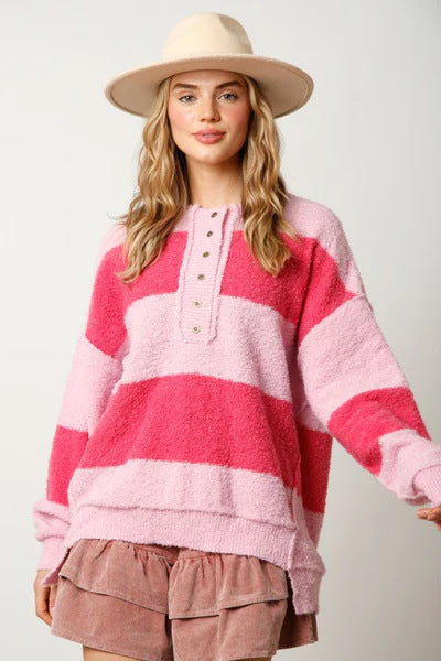 Half Button Color Block Pullover Sweater