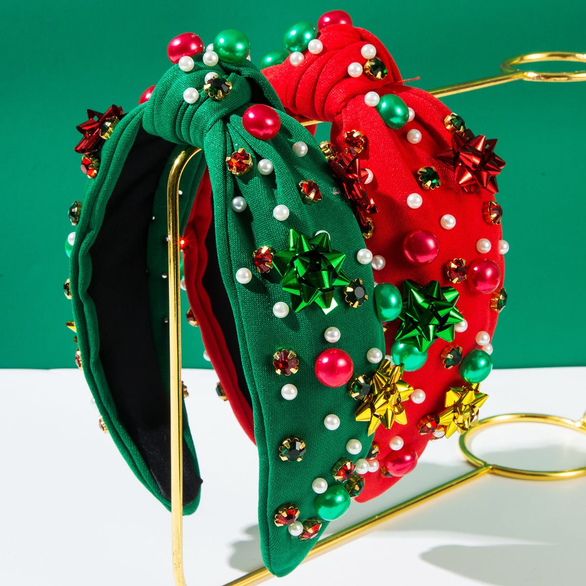 Christmas Knotted Headband with Embellished Crystals and Pearls | Christmas Glam