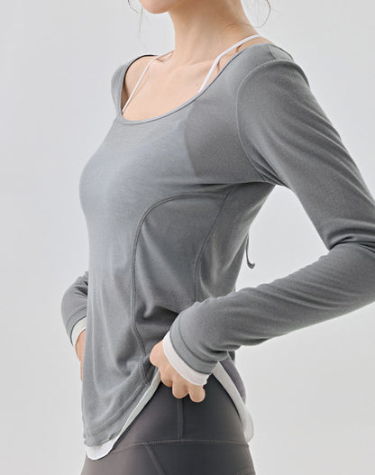 Slim Fit Contrasting Color Long Sleeves Mesh Yoga Shirt