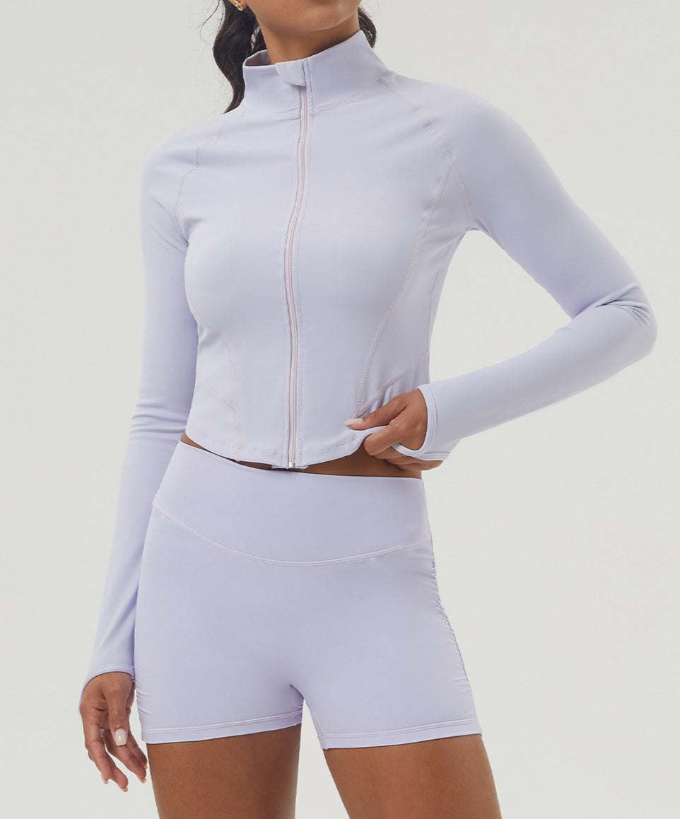 Long Sleeve Stand Collar Slim Zip Up Cropped Sports Jacket