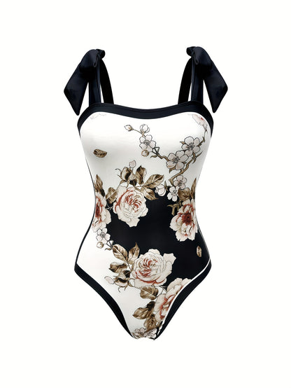 Floral Pattern 2 Piece Swimsuits with Bow Tie Shoulder Straps One-piece Bathing-suit &amp; Cover Up Skirt