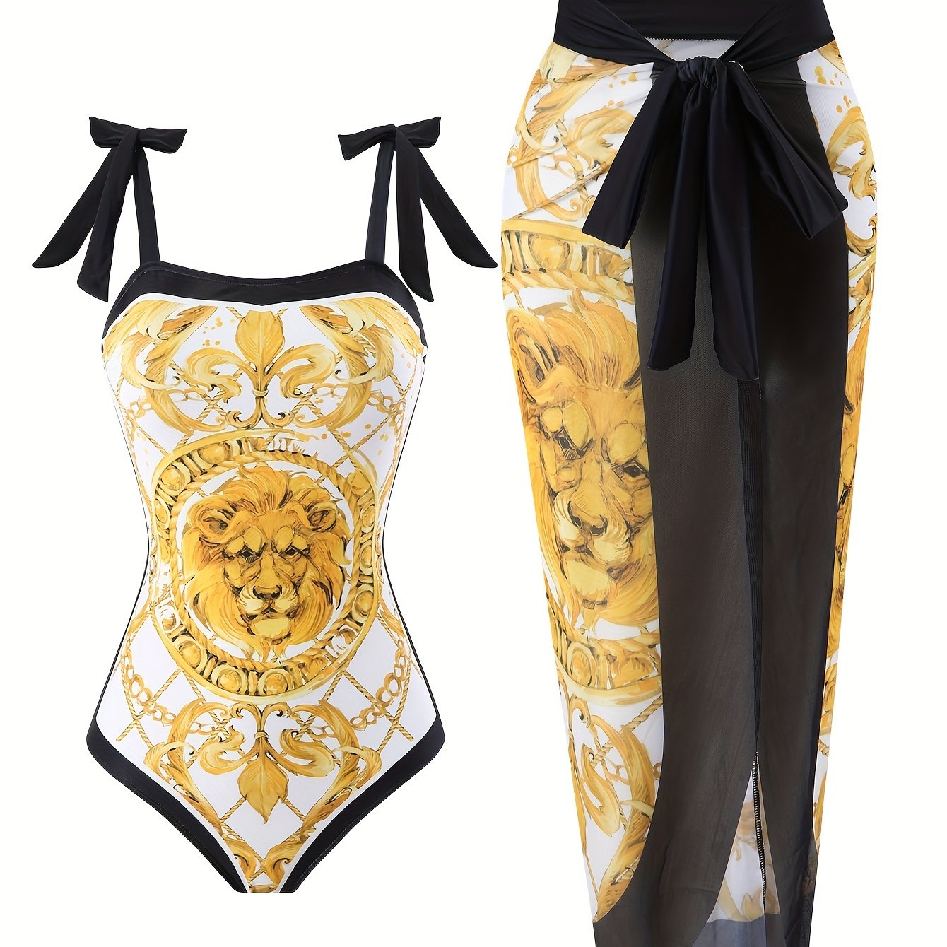 Golden Lion Motif One-Piece with Bowknot Shoulders &amp; Sheer Mesh Skirt