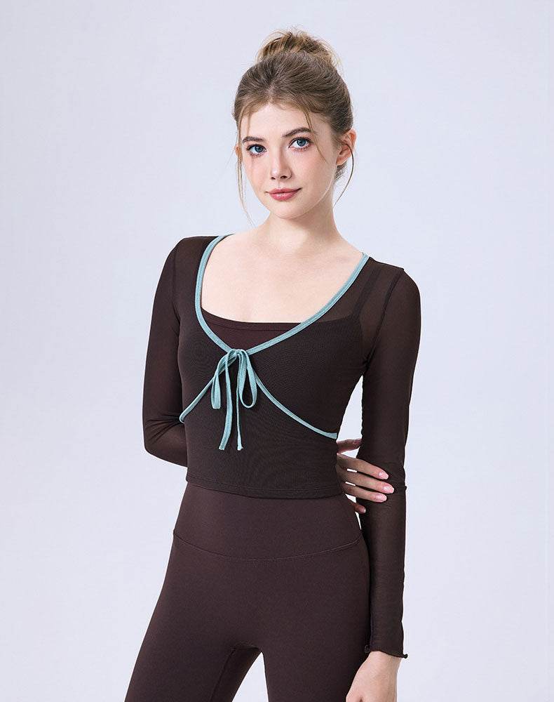 Faux Two Piece Long Sleeve Mesh Crop Top Tie Yoga T-Shirts