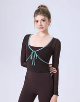 Faux Two Piece Long Sleeve Mesh Crop Top Tie Yoga T-Shirts