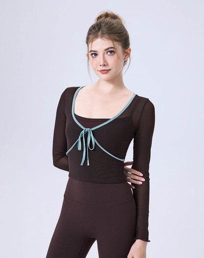 Faux Two Piece Long Sleeve Mesh Crop Top Tie Yoga T-Shirts