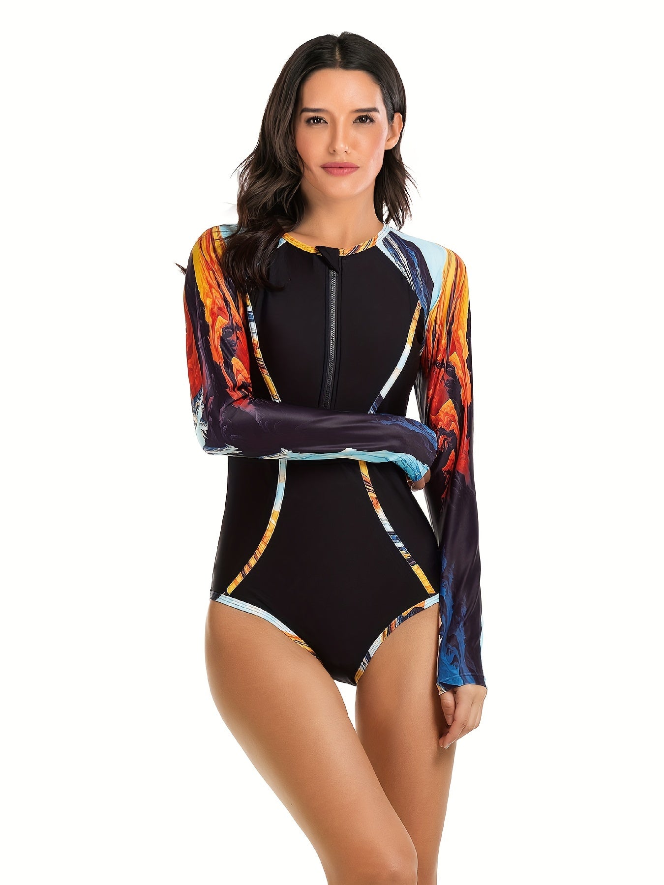 Geometric Print Long Sleeve Swimsuit