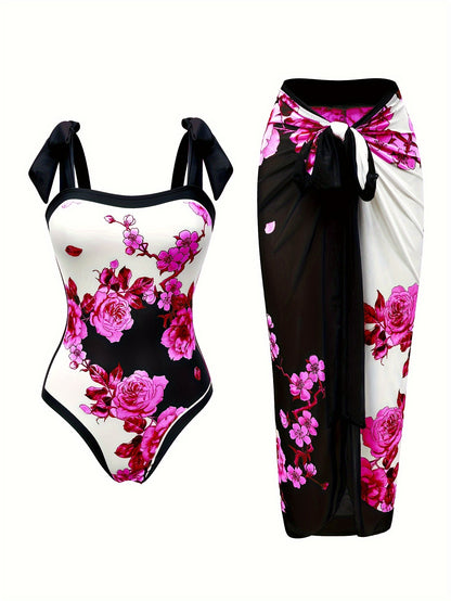 Floral Pattern 2 Piece Swimsuits with Bow Tie Shoulder Straps One-piece Bathing-suit &amp; Cover Up Skirt