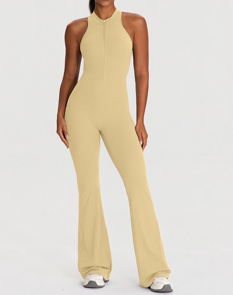 Zipper Racerback Yoga Bodysuit Flare Jumpsuit with Pockets