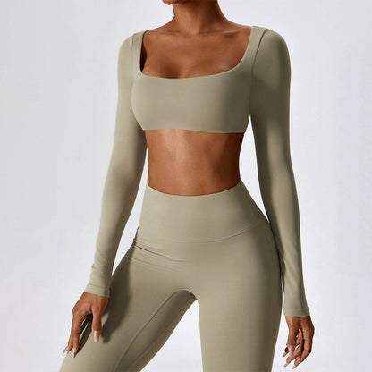 Square Neck Yoga Crop Tops Long Sleeve T-Shirt