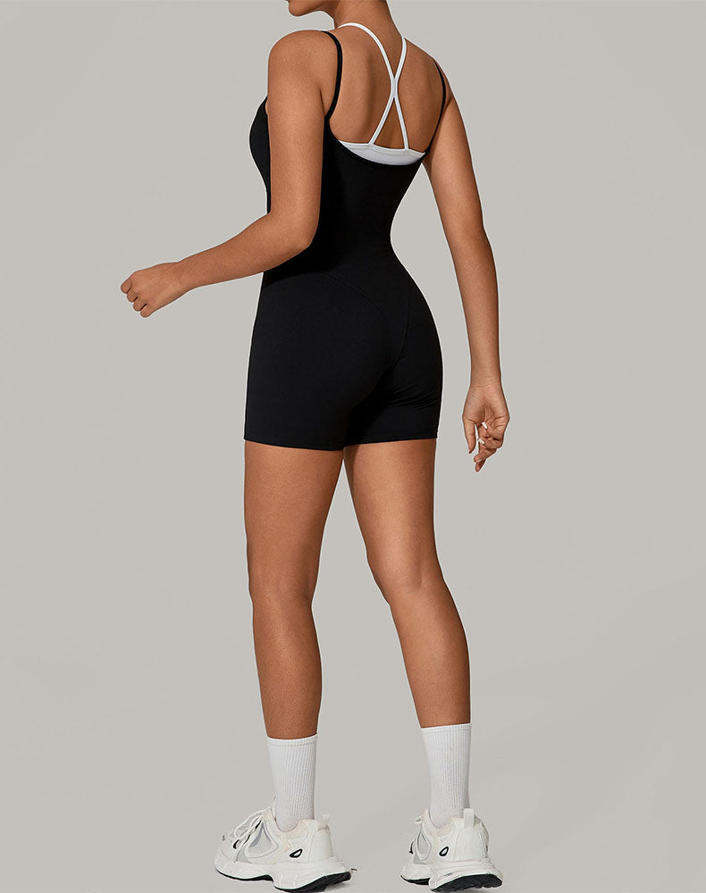 Fake Two Piece Short Bodysuit One Piece Athletic Jumpsuit