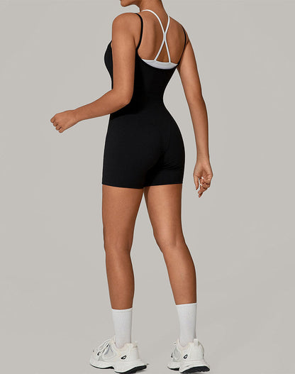 Fake Two Piece Short Bodysuit One Piece Athletic Jumpsuit