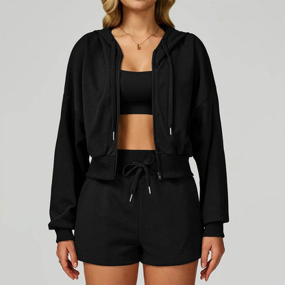 Long Sleeve Full Zip Up Crop Drawstring Hoodie Jacket