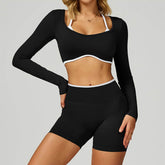 Backless Long Sleeve Workout Crop Top Gym Shirt with Halter