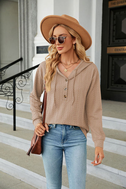 Button Hooded Sweatshirt Loose Long Sleeve Casual Tops