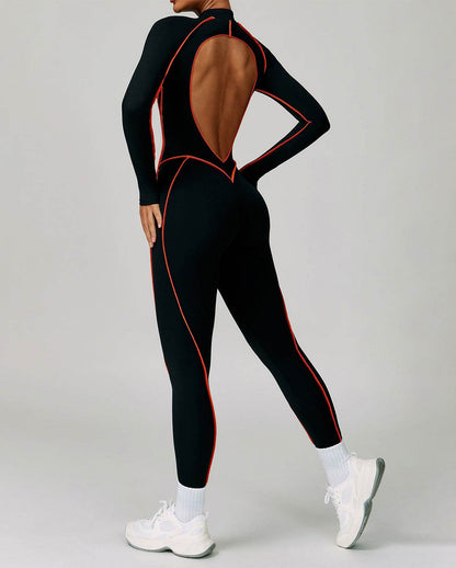 Three Dimensional Line Sports Backless Long Sleeve Jumpsuit