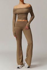 Active Wear Set with Long Sleeve Off Shoulder Crop Top and Flare Pants