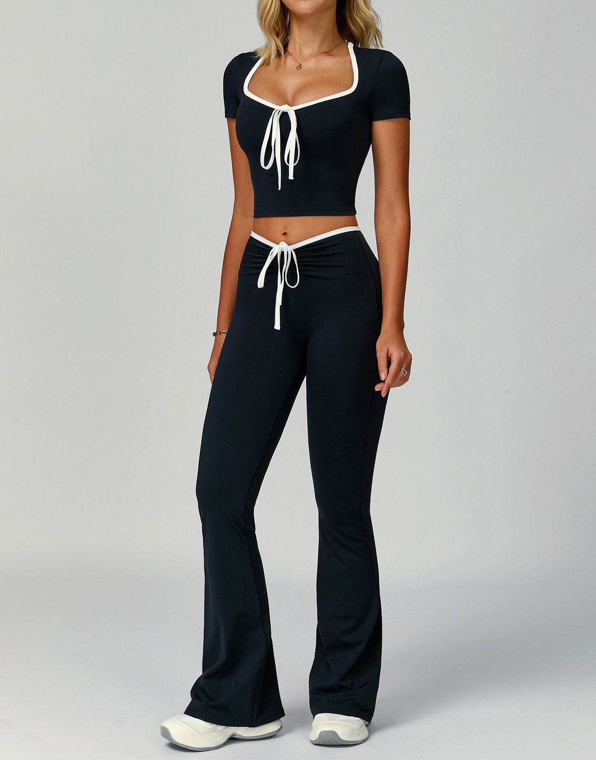 2 Pieces Activewear Set with Bow Crop Tops and Flare Pants