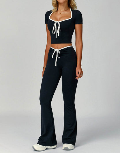 2 Pieces Activewear Set with Bow Crop Tops and Flare Pants