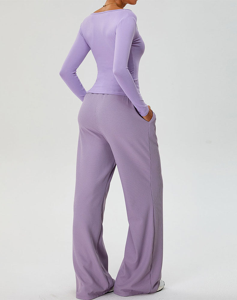 Activewear Set with Curved Neckline Top and Sweatpant