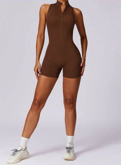 Zip Up Sleeveless Workout Shorts Jumpsuit