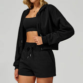 Long Sleeve Full Zip Up Crop Drawstring Hoodie Jacket