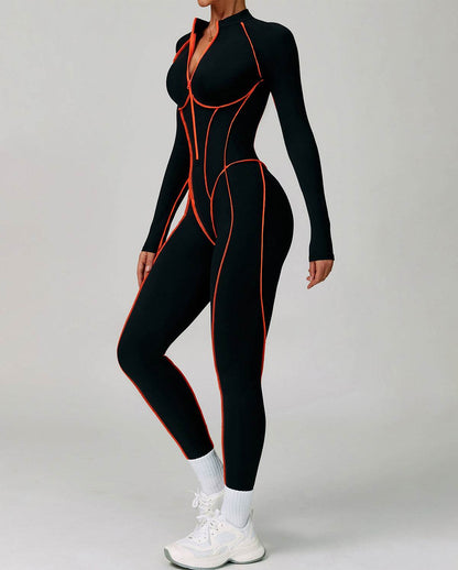 Three Dimensional Line Sports Backless Long Sleeve Jumpsuit