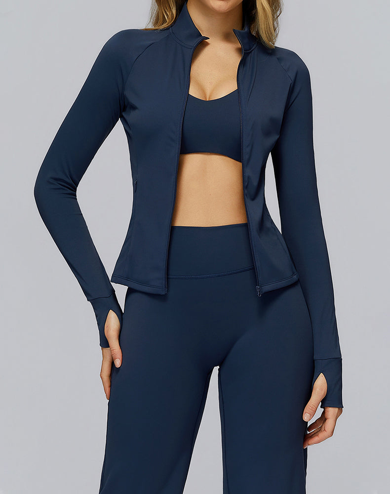 Cropped Athletic Jacket with Pockets and Thumb Holes