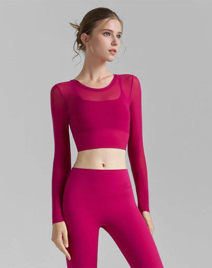 Mesh Long Sleeve Crop Tops V-shaped Cutout Back Yoga T-Shirt