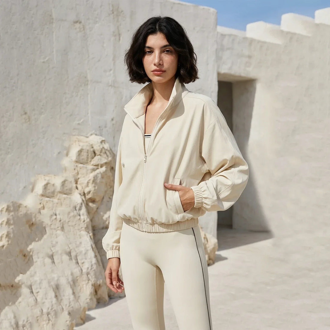 Full Zip Athletic Jacket Cropped Coats with Pockets