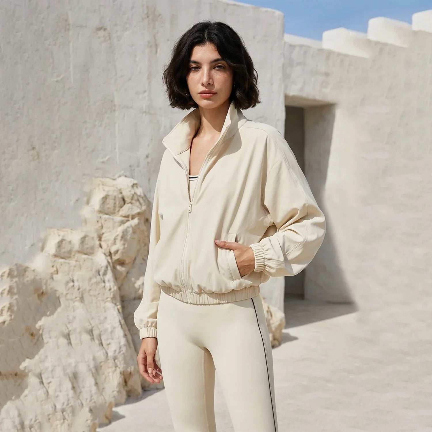 Full Zip Athletic Jacket Cropped Coats with Pockets