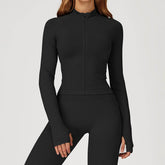 Zip Up Slim Athletic Jacket Yoga Crop Top with Thumb Hole