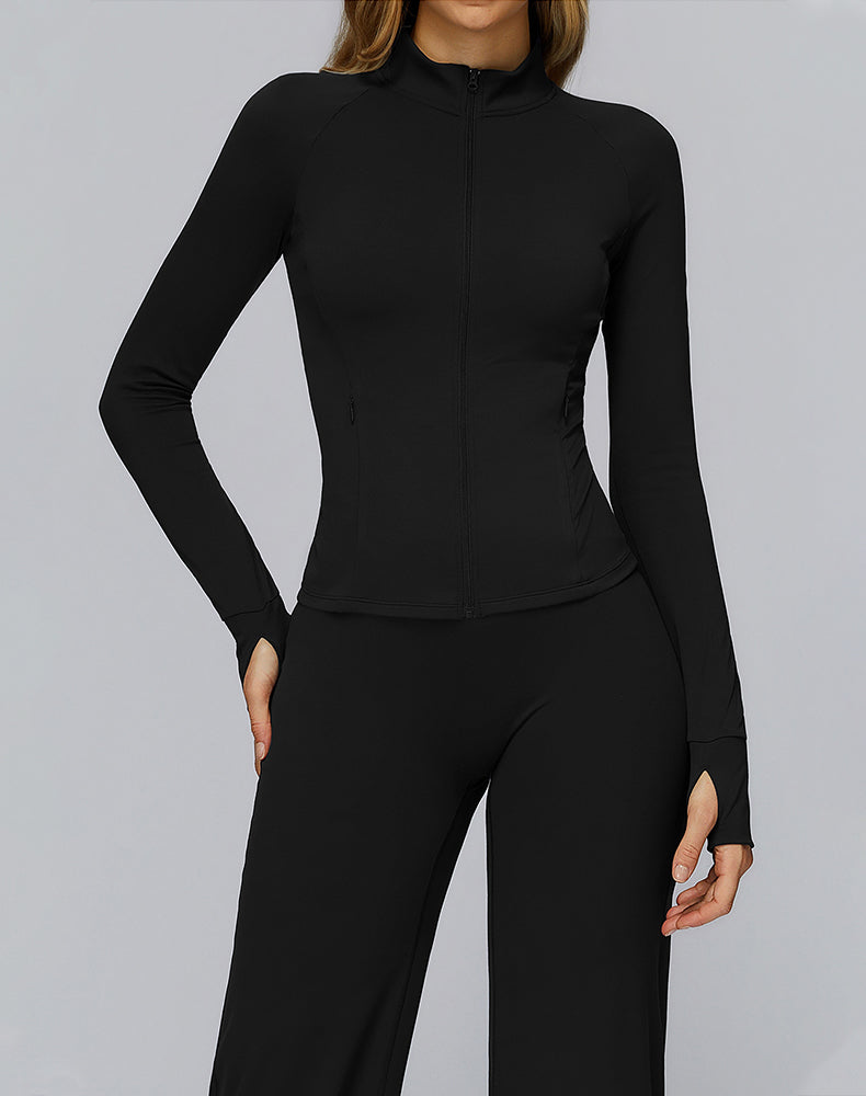 Cropped Athletic Jacket with Pockets and Thumb Holes