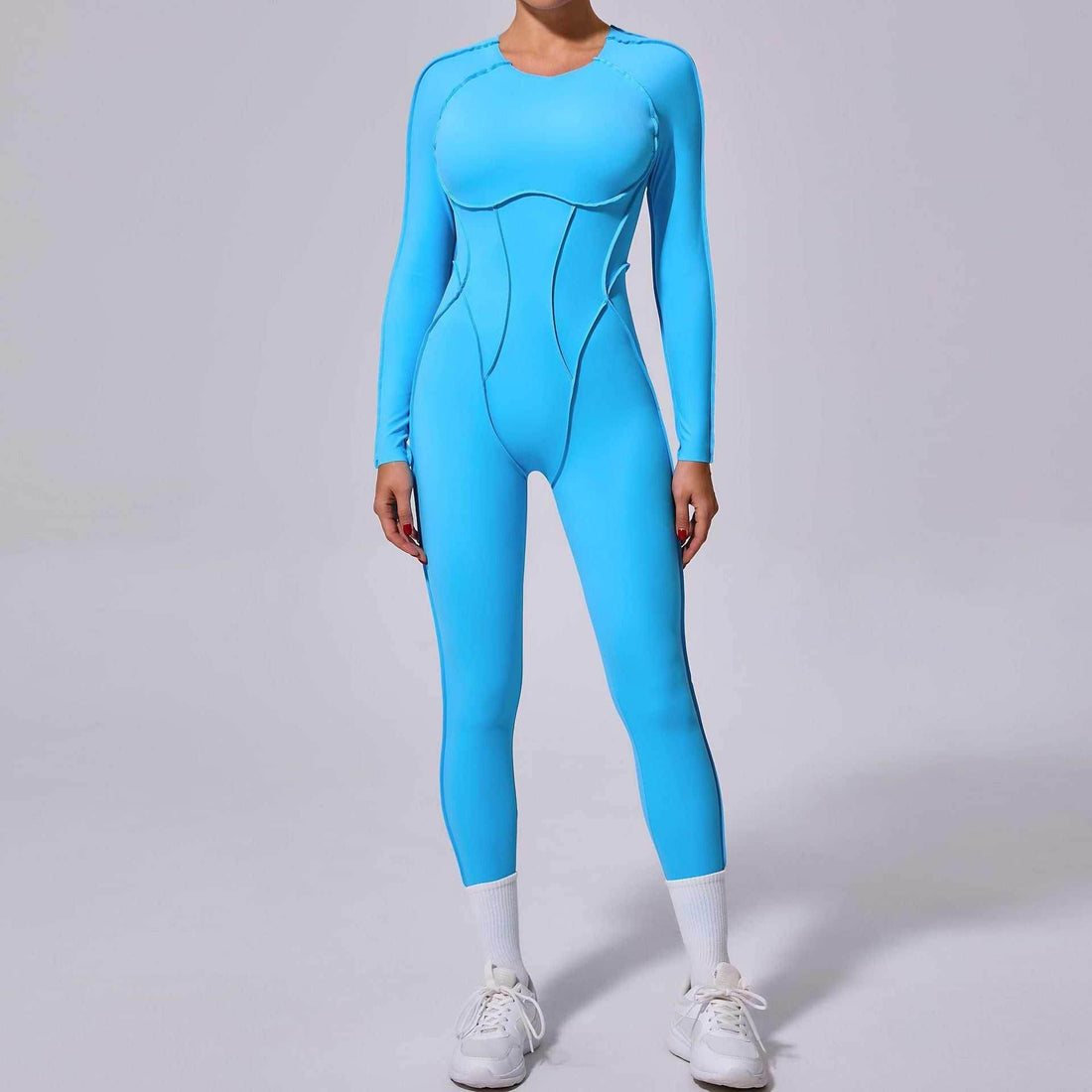 Long Sleeve Backless Yoga Jumpsuits - Flame Blue