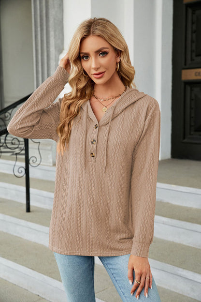 Button Hooded Sweatshirt Loose Long Sleeve Casual Tops