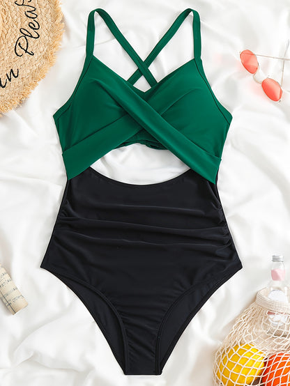 Color Block Twist Cut Out Stretchy One-piece Swimsuit