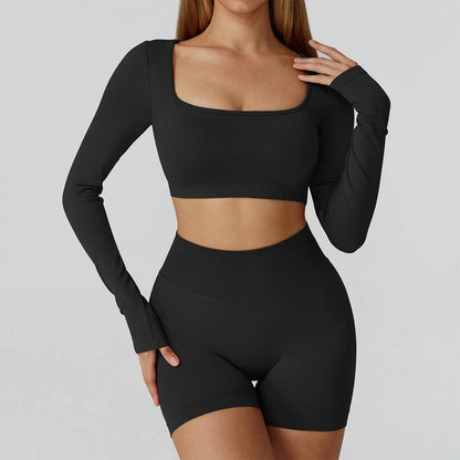 Long Sleeve Crop Top Yoga T-Shirt with Built in Bra