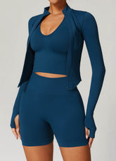 Full Zip Cropped Workout Jacket with Thumb Holes
