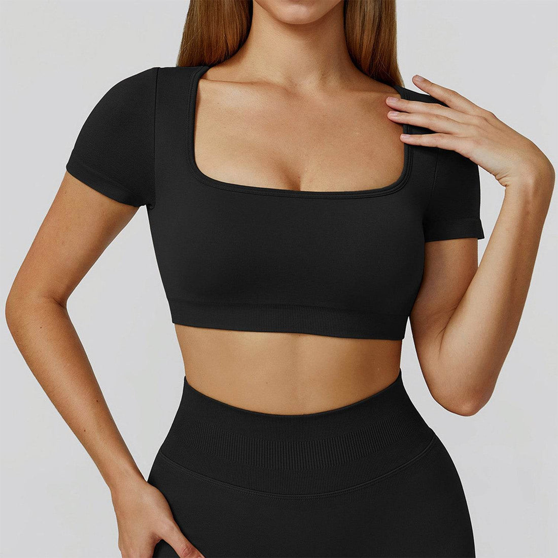 Short Sleeve Crop Top Yoga T-Shirt with Built in Bra