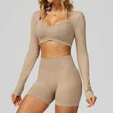 Backless Long Sleeve Workout Crop Top Gym Shirt with Halter