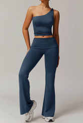 Active Wear Set with One Shoulder Knot Design Tank Top and Flare Pants