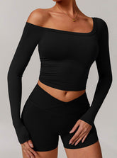 Off Shoulder Long Sleeve Basic Sports T-Shirts