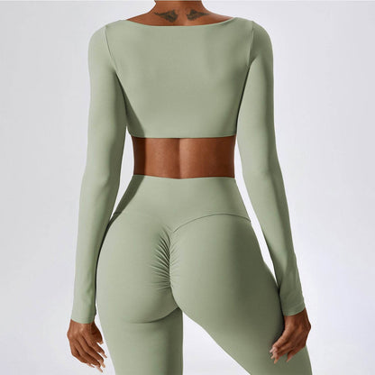 Square Neck Yoga Crop Tops Long Sleeve T-Shirt