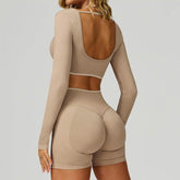 Backless Long Sleeve Workout Crop Top Gym Shirt with Halter
