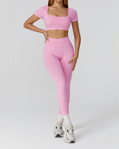 Athletic Wear with Short Sleeve Crop Top and Legging