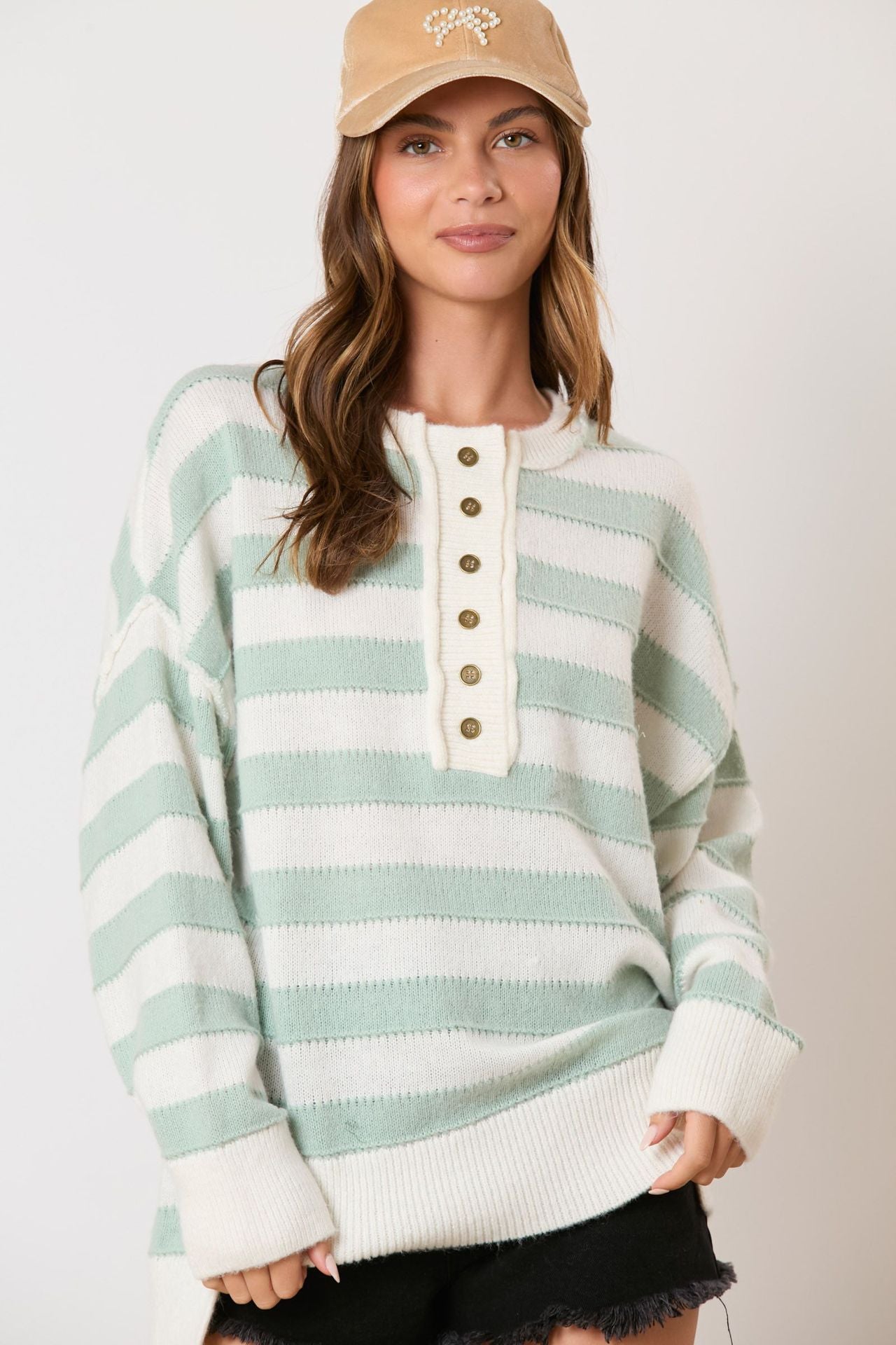 Long Sleeve Button Striped Pullover Sweater | Stylish &amp; Versatile