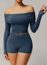 Active Wear Set with Long Sleeve Off Shoulder Crop Top and Shorts